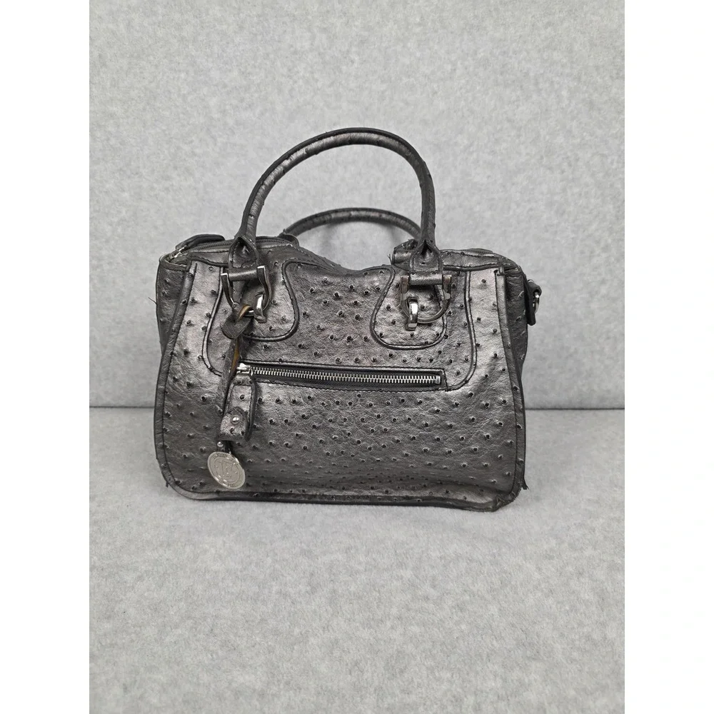 London‎ Fog Bag Womens Small Black Ostrich Embossed Satchel Handbag Purse